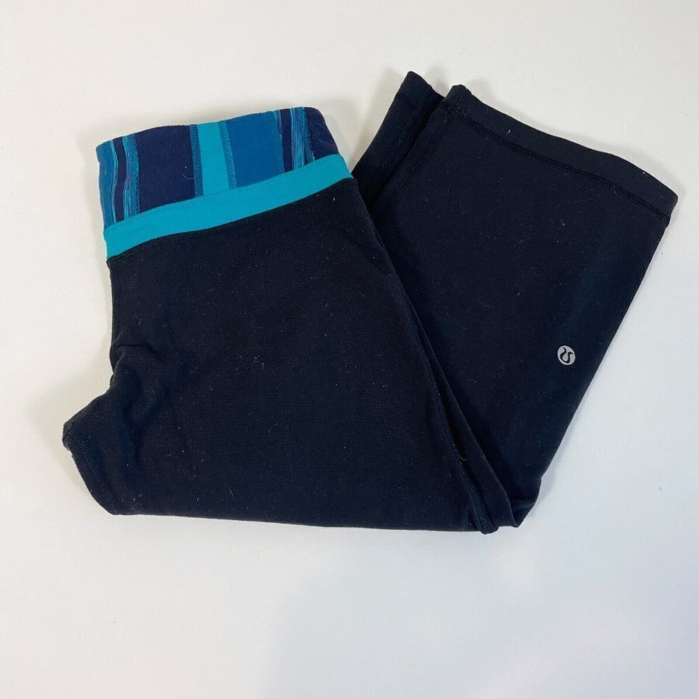 Lululemon Womens Wunder Under Crop Yoga Pants Black‎ 4 Stripe Waistband Stretch